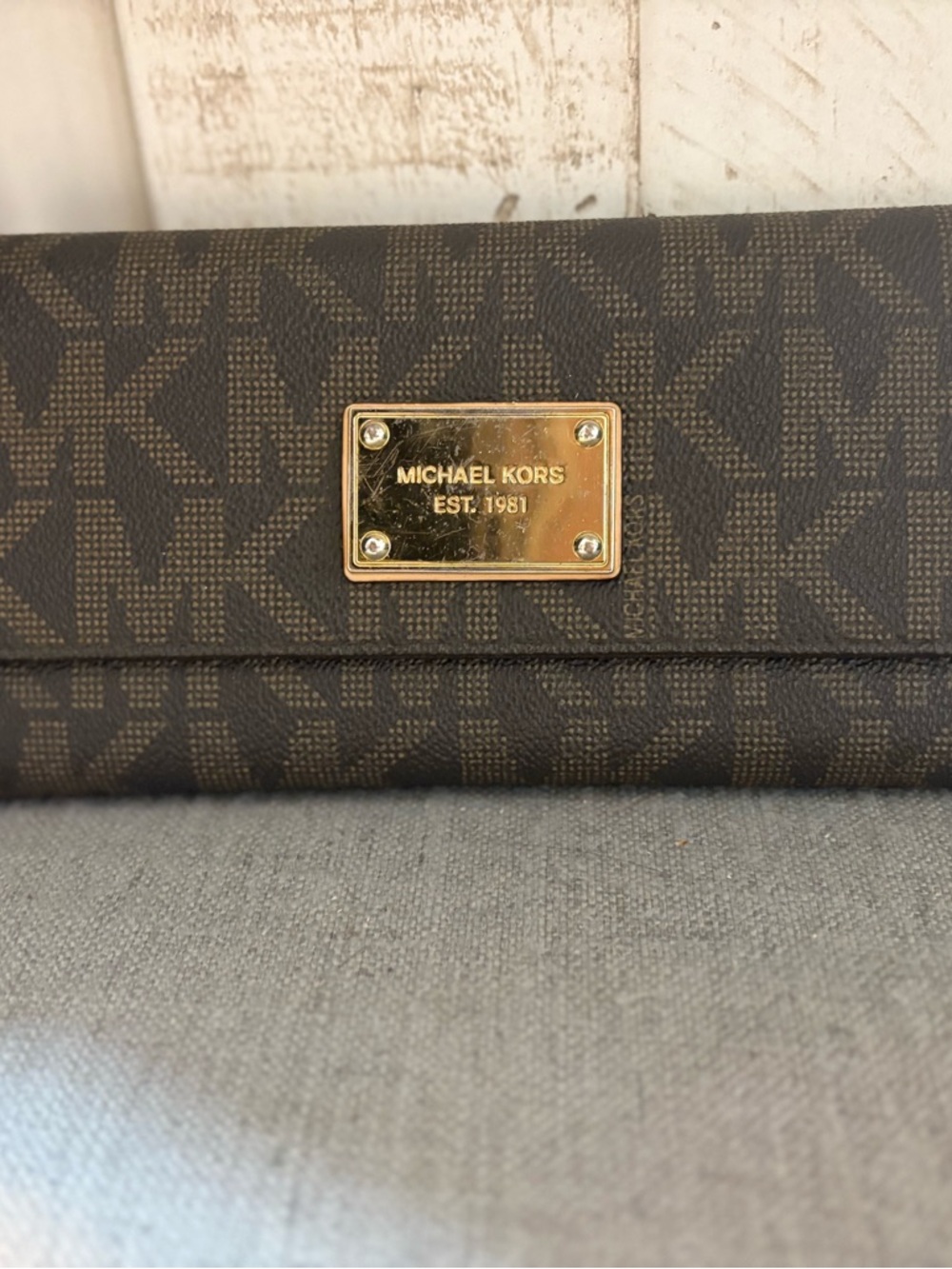 Michael Kors Brown Logo Continental Wallet with Gold Plaque